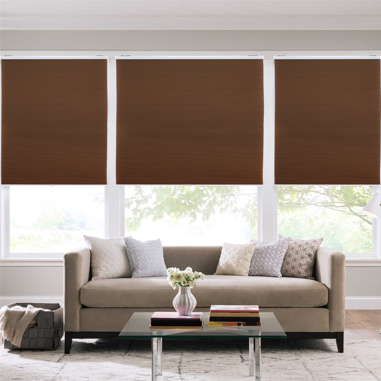 Coffee 69" W X 64" H Privacy & Light Filtering Cordless Cellular Shades Window B gallery