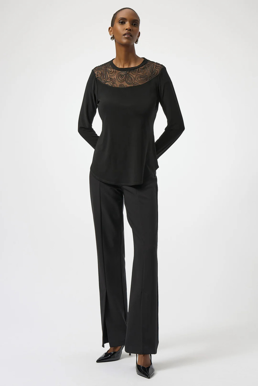 Joseph Ribkoff Black Mesh Crew Neck Long Sleeves Fitted Top 254213 gallery