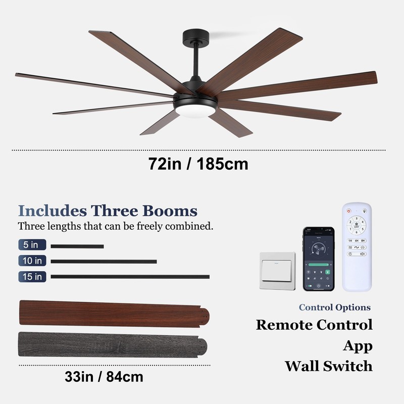 Large Outdoor Ceiling Fan with Light, 8 Blades Silent Reversible DC Motor, APP gallery