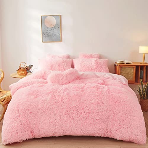 Fluffy Faux Fur Pink Comforter Cover Set - Ultra Soft Plush Queen Light Pink gallery
