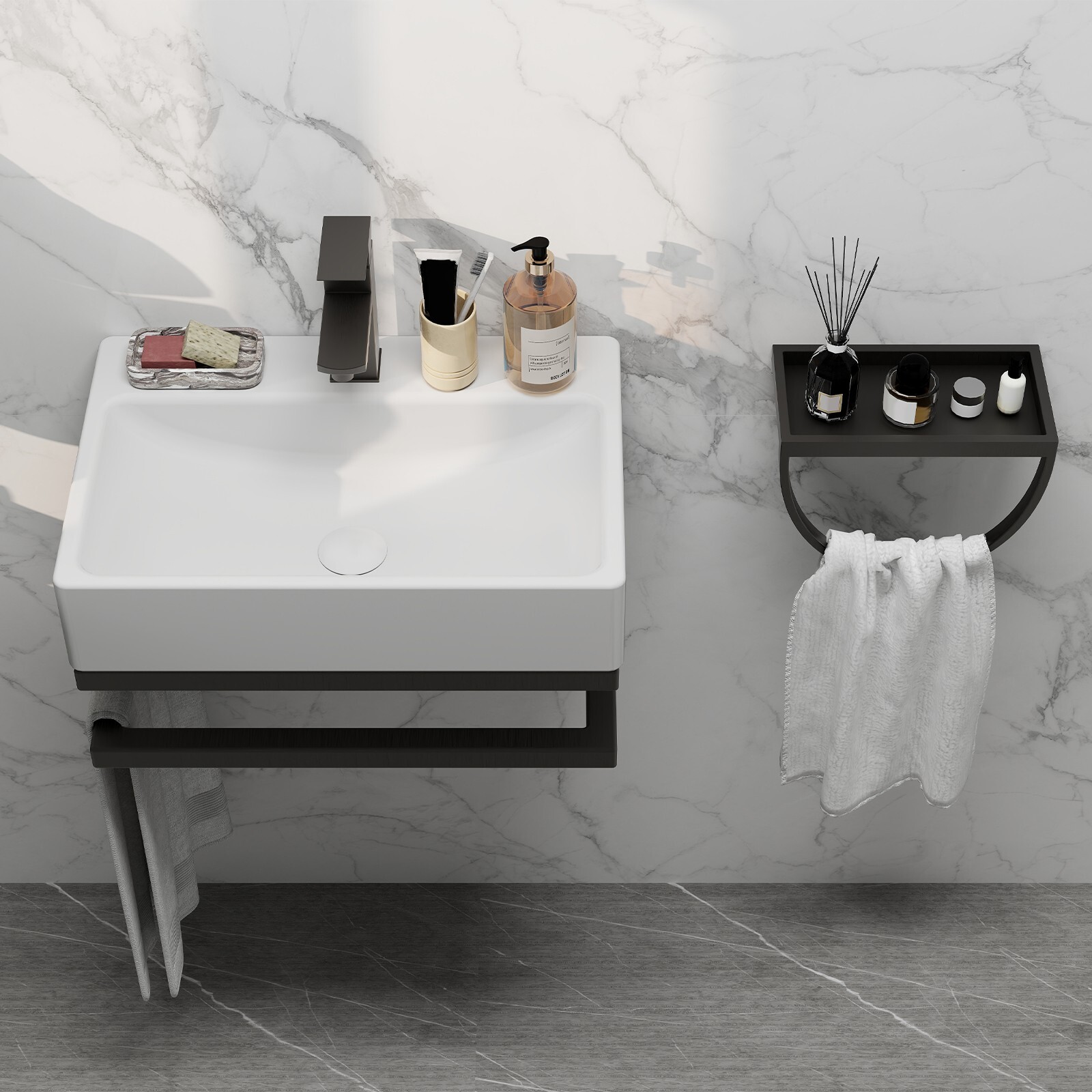 21" White Wall Mounted Vessel Sink Floating Ceramic Basin Bowl w/ Bracket Faucet gallery