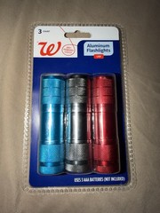 Walgreens Aluminum LED Flashlights Blue Silver Red 3 Pack Uses 3 AAA Batteries