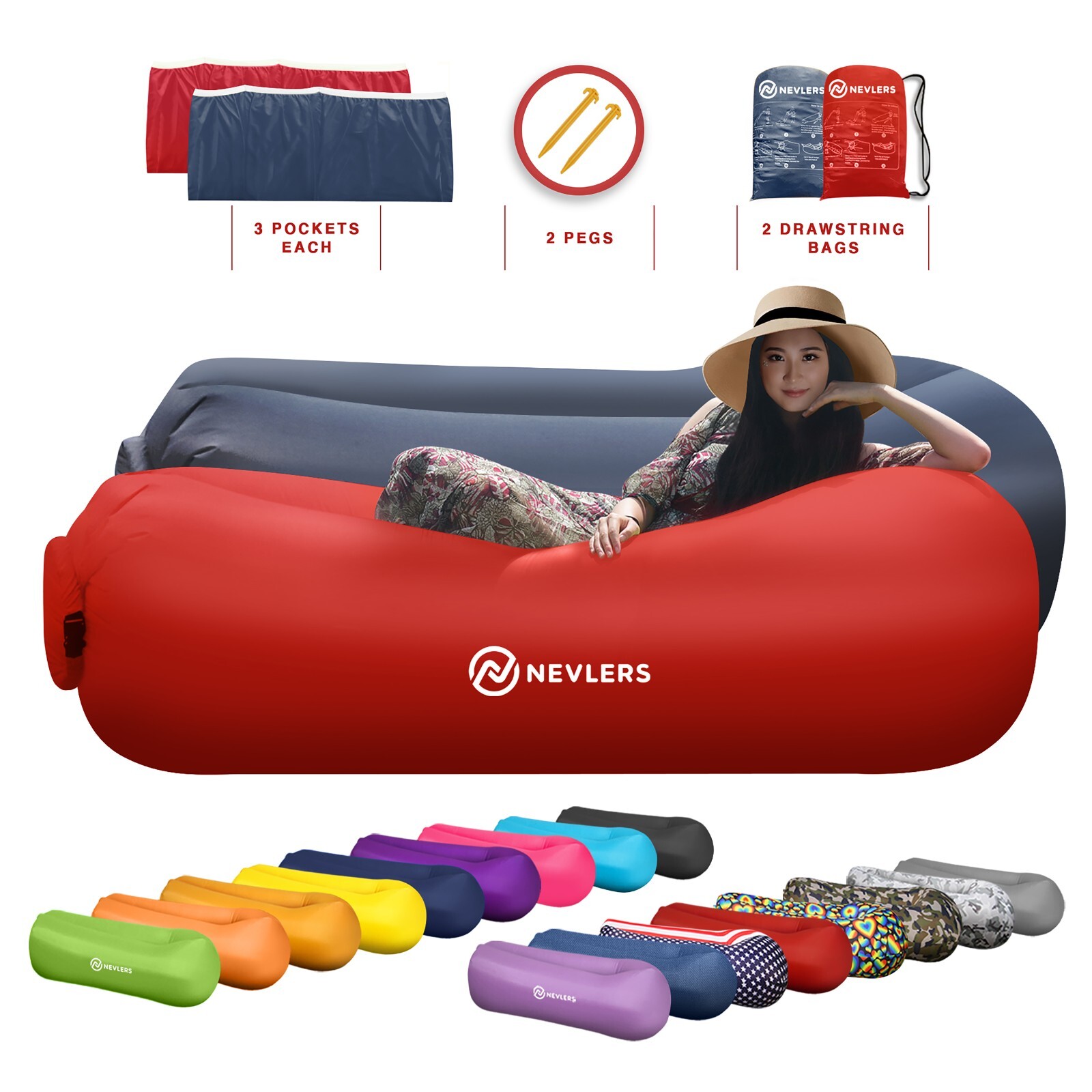 Mockins Inflatable Navy and Red Blow Up Lounger Beach Chair Sofa With Travel Bag gallery