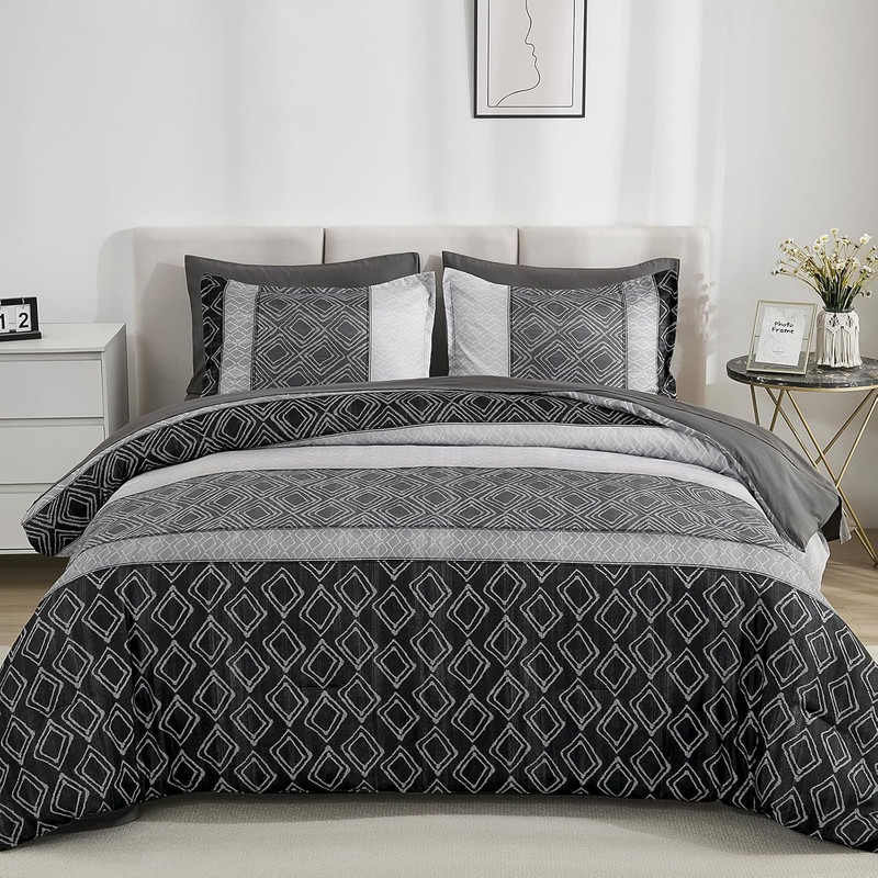 Black & Gray King Comforter Set – 7-Piece Boho Striped Bed-in-a-Bag, Warm Patchw gallery