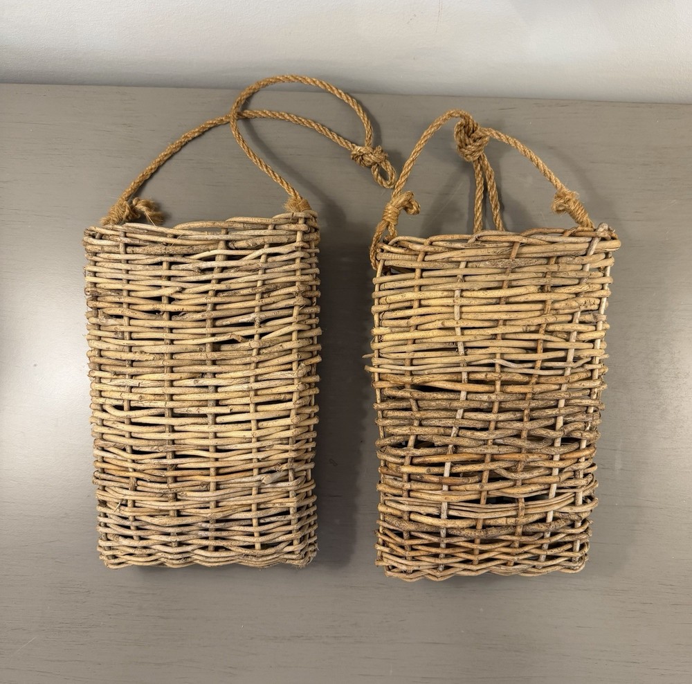 Rustic Twig Wall Pocket Hanging Baskets Set of 2 Woven Wood Rope Farmhouse