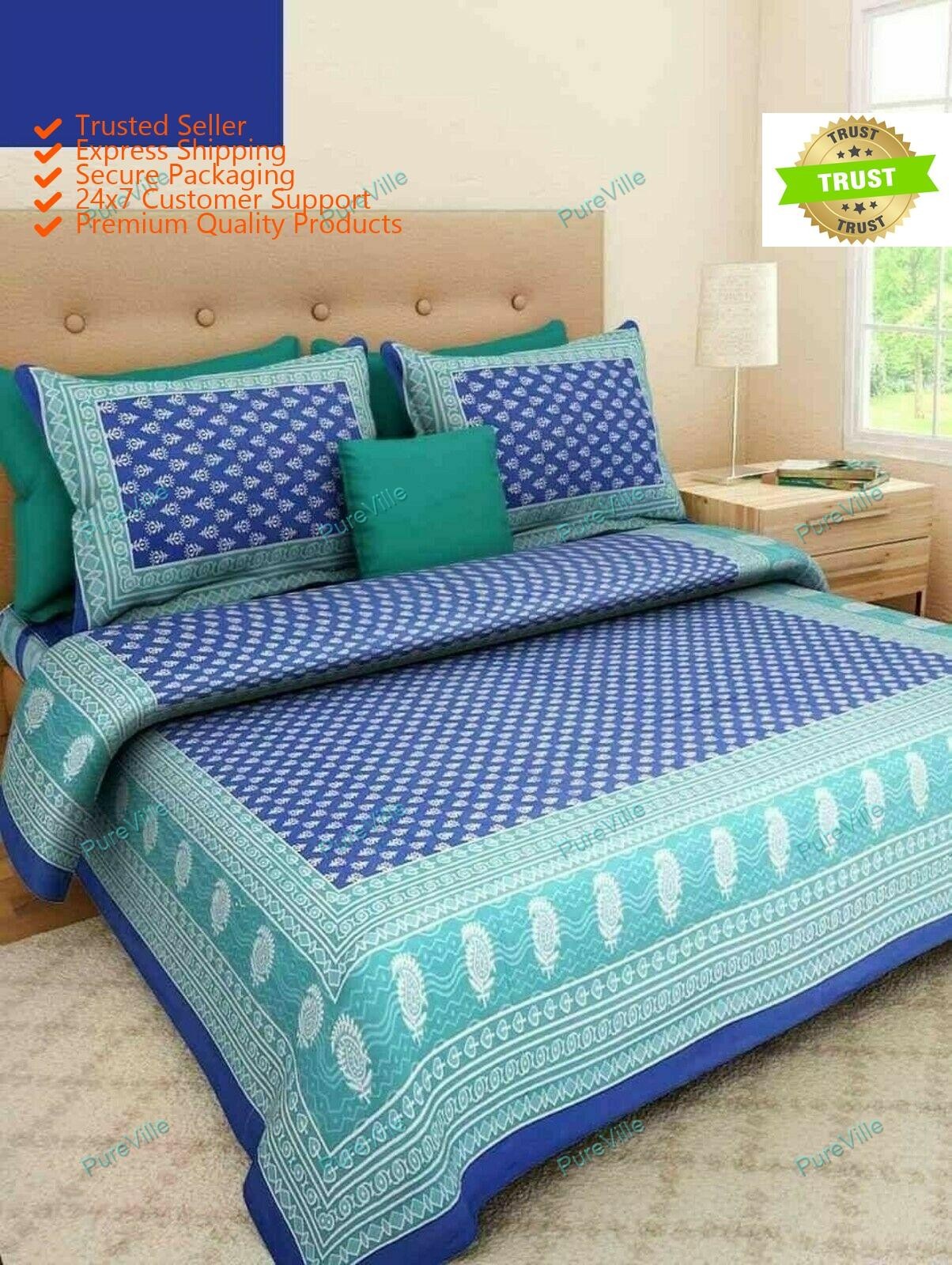 Traditional Screen Printed Blue 3 Kaam Buti Pure Cotton Double BedSheet With 2 P gallery