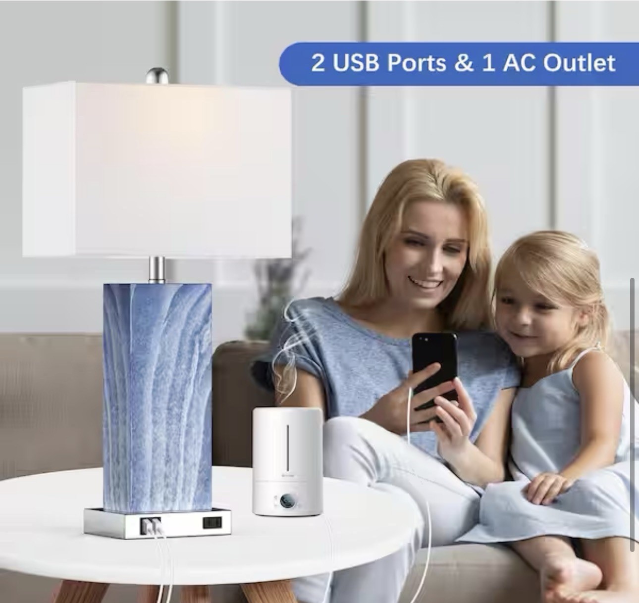 25 In. Blue Touch Control Table Lamps (Set of 2), Bedside Lamp/2-Usb Ports 1-AC gallery