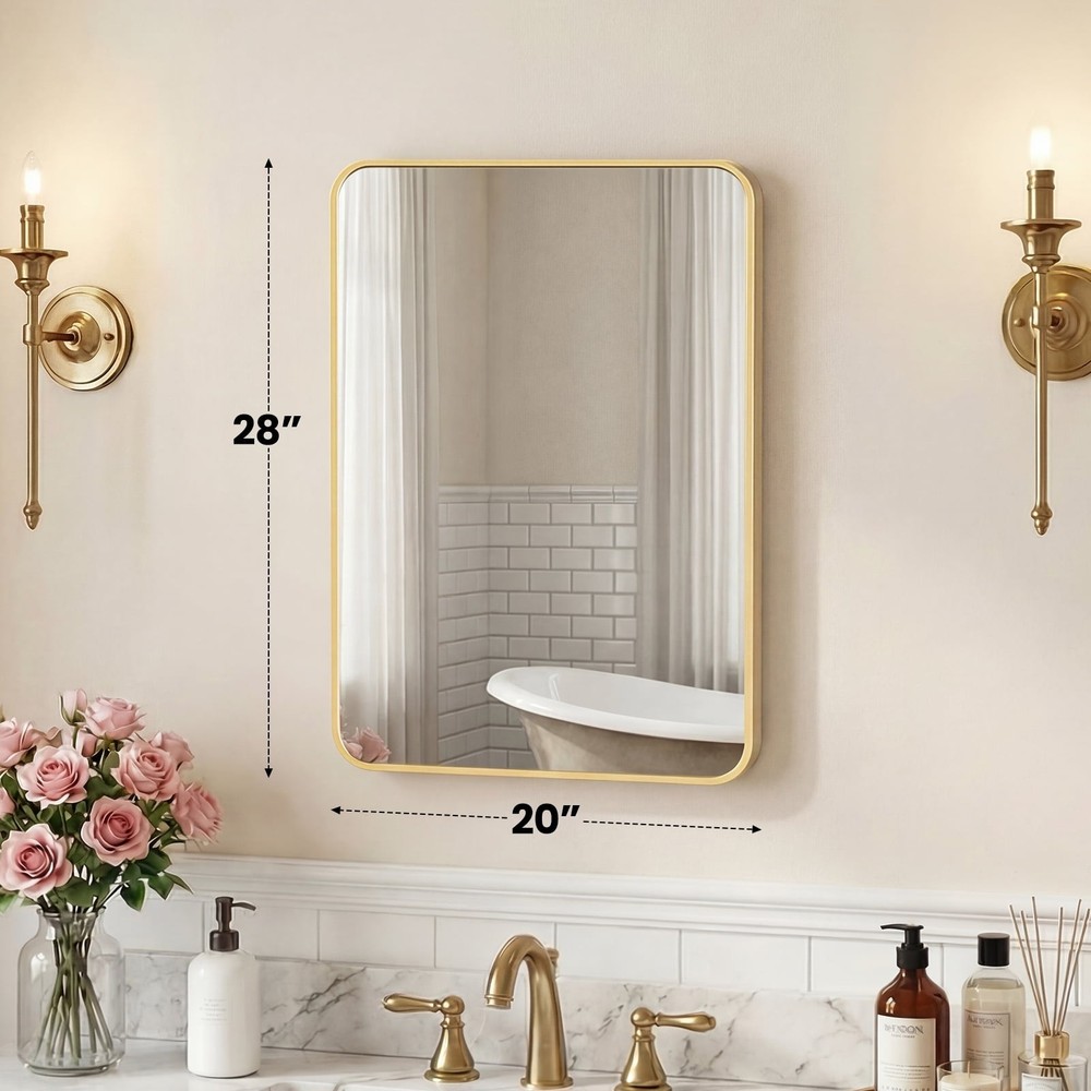 20-48" Rectangular Bathroom Mirror w/Round Corners&Metal Frame,Wall Mounted Lean