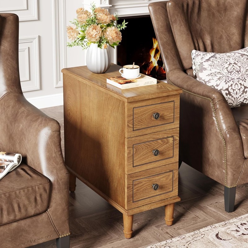 Solid Wood End Table, Fully Assembled Narrow Slim Side Table with 3 Drawers gallery