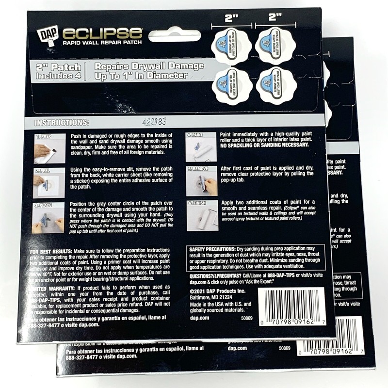 2 Pack DAP Eclipse Rapid Wall Repair Patch Includes 4 - 2" Patches (8 Total) NEW gallery