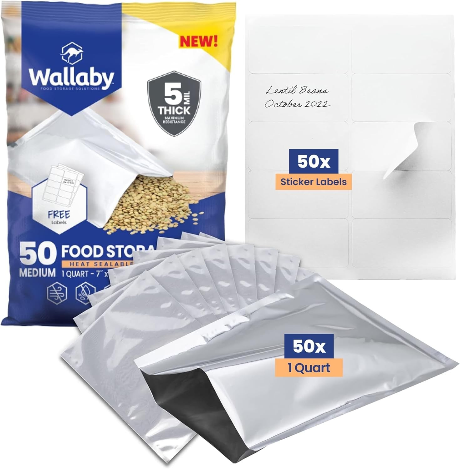 50 Count 1-Quart Mylar Bags with Labels, 5 Mil Total Thickness Long-Term 7x10 gallery
