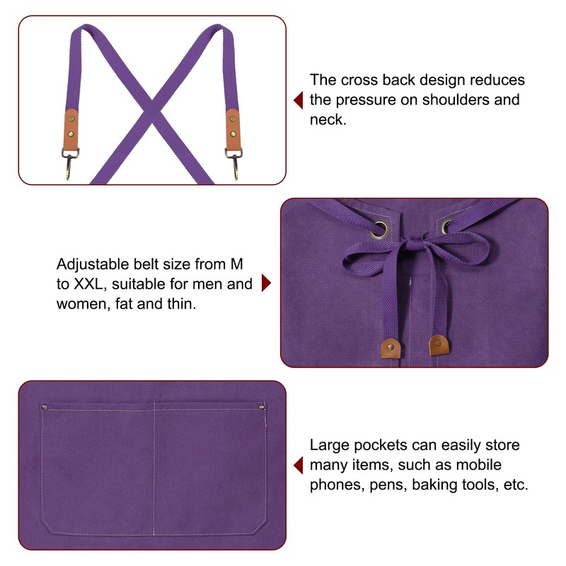 Canvas Chef Aprons Adjustable 75x69cm Cross Back Kitchen Apron 3 Pockets Purple gallery