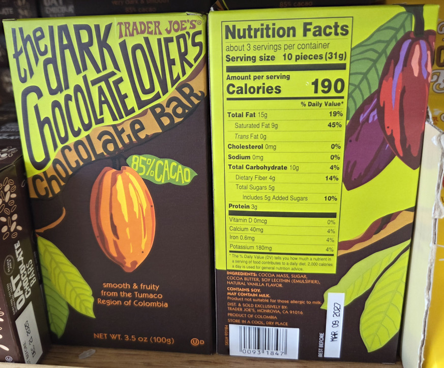 Trader Joe's 85% CACAO Dark Chocolate Lovers 3.5oz 100g (2 Bars) gallery