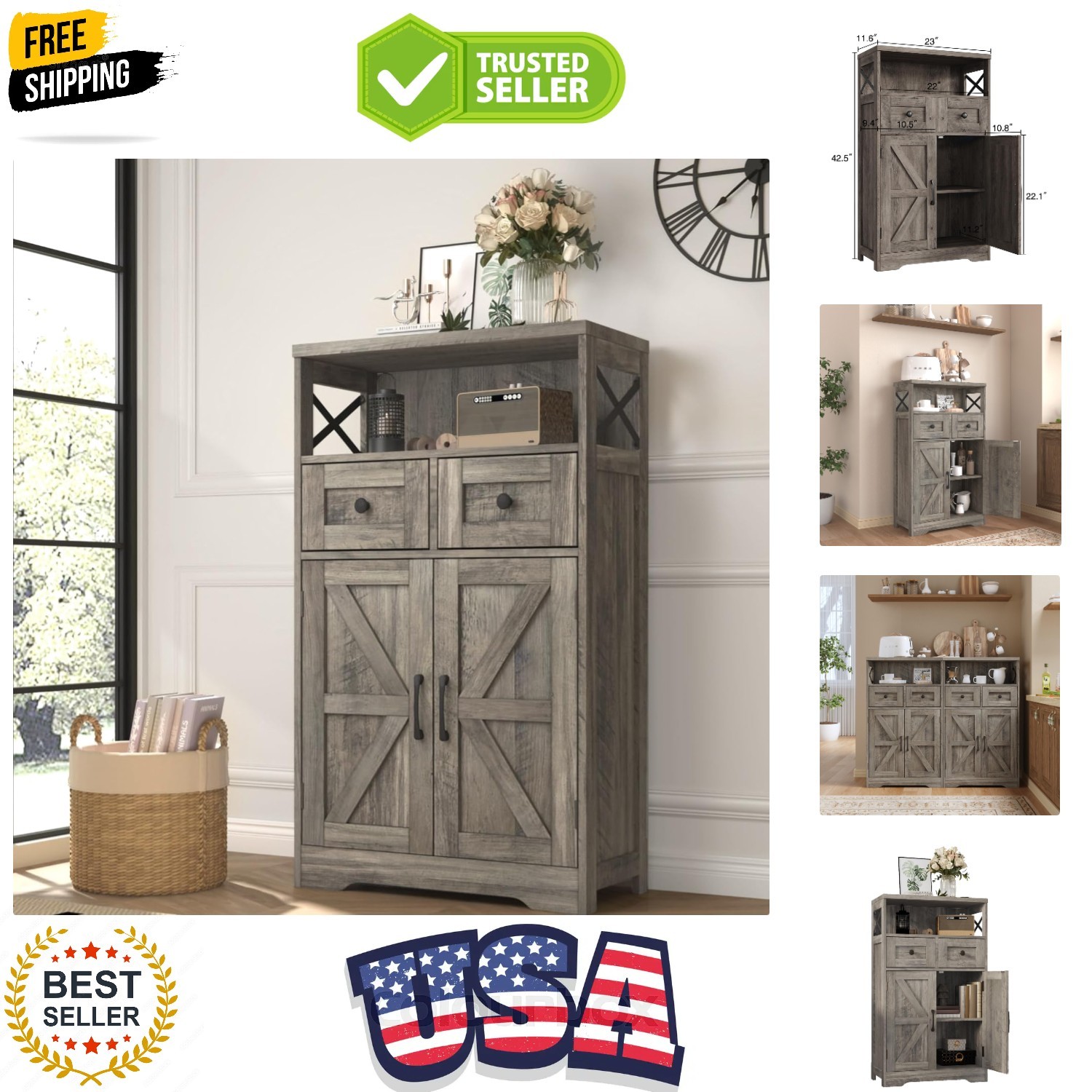Charming Rustic Grey Storage Hutch with Open Shelf & Easy Assembly - 42.5 Inches gallery