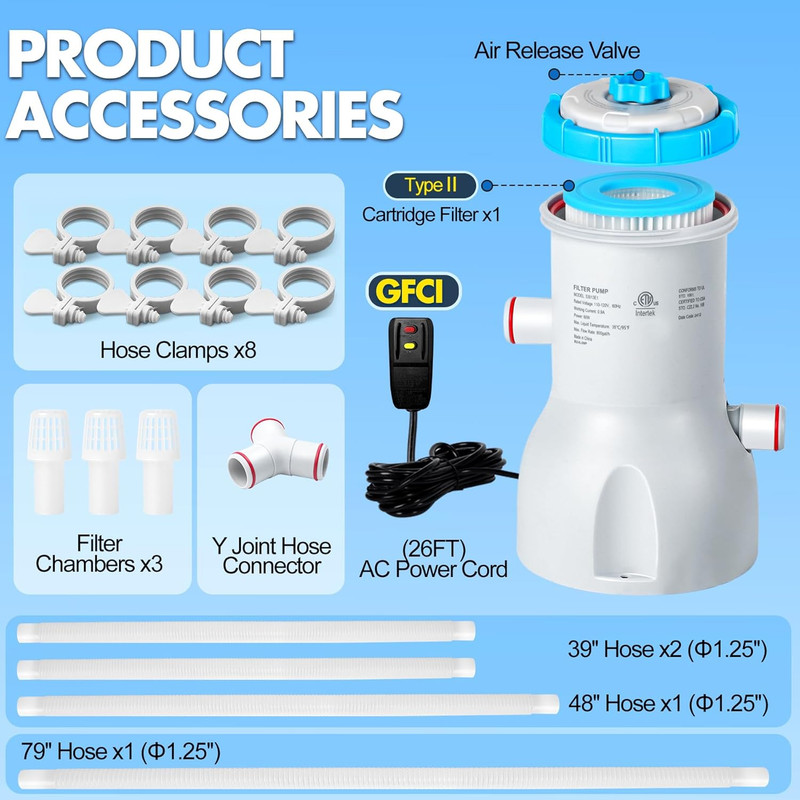 800 GPH above Ground Pool Filter Pump, Energy-Saving Pool Cartridge Filter Pump gallery