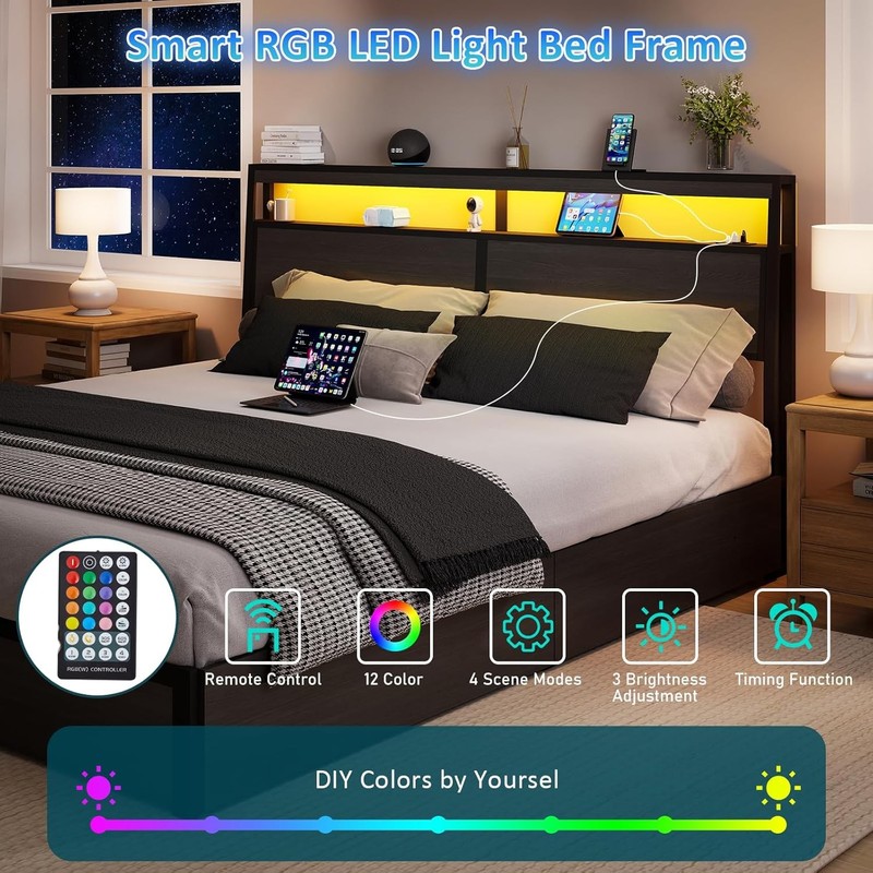 Queen Size LED Bed Frame with Storage Headboard and 4 Drawers Charging Station gallery