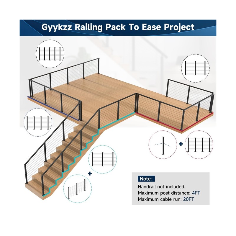 One-Stop Cable Railing Post Kit, 5 Pack Level Drilled Line Post 36", Fixed To... gallery