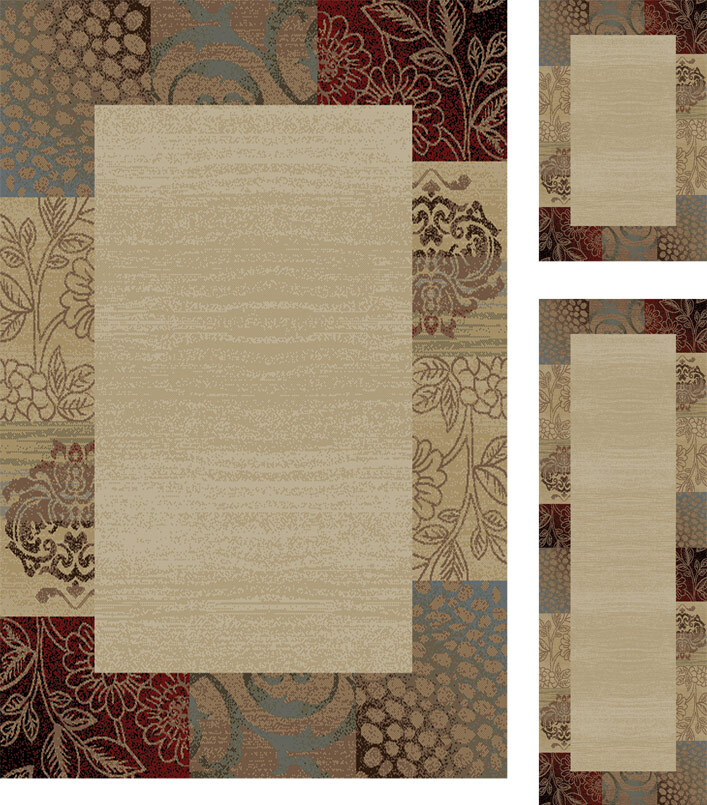 Transitional 5x8 Bordered Flower Border Damask Actual: 1' 8" x 5' , 1' 8" x 2'