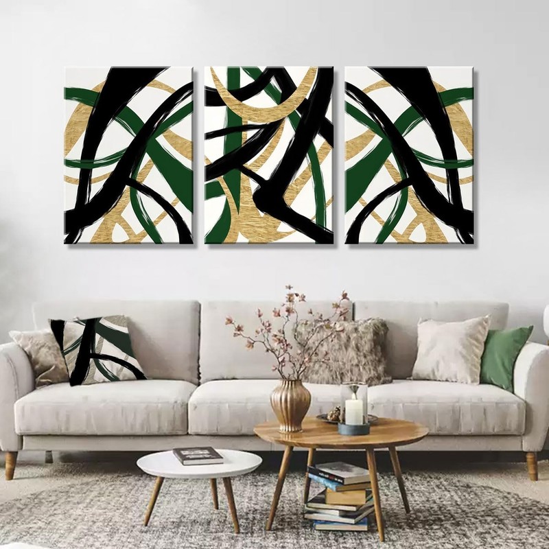 3Pcs Framed work Abstract Lines Canvas Wall Art Modern Black, Green, Gold Geo... gallery