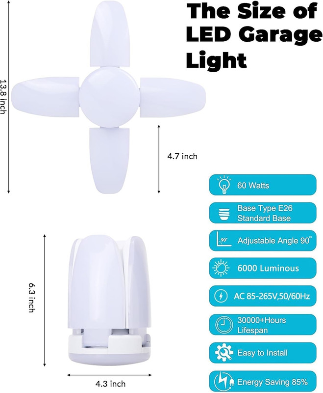 4 Pack LED Garage Lights, 6000LM 60W Deformable Shop Light with 4 Adjustable Pan gallery