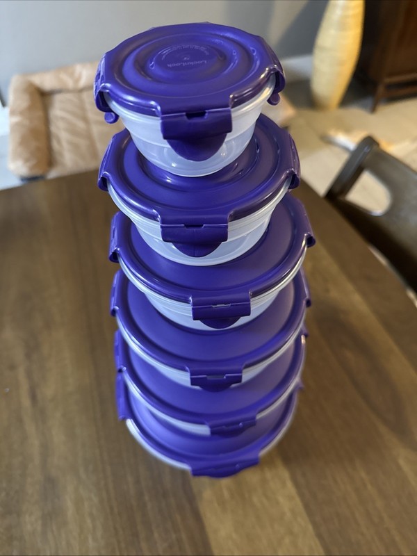 Lock & Lock 6pc Round Plastic Storage Container Set Clear Purple Snap Lid gallery