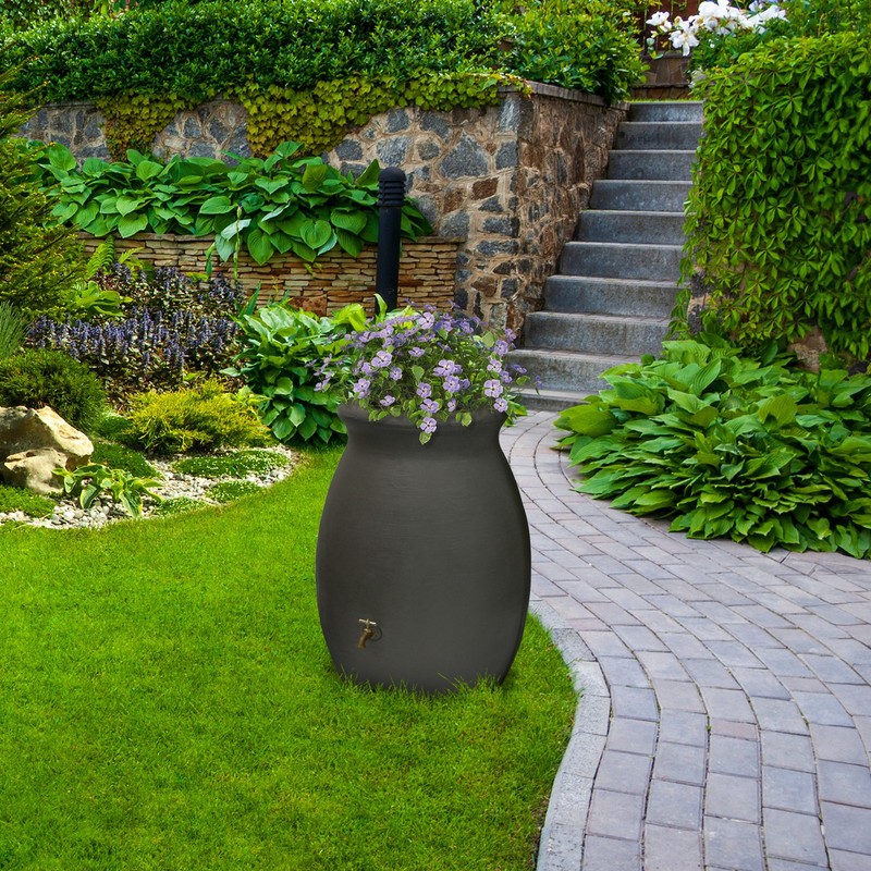 Algreen Castilla 50 Gallon Plastic Rain Water Collection Barrel, Brownstone gallery