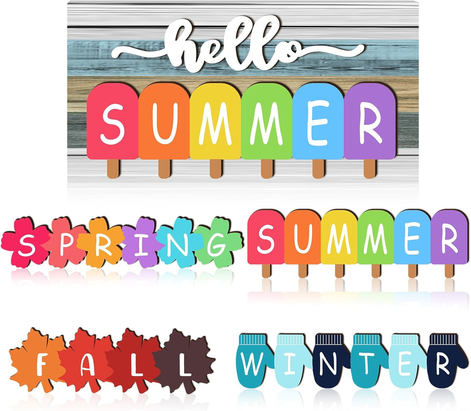5 Pcs Hello Summer Interchangeable Sign Seasonal Sign Fall Winter Spring Tiered gallery