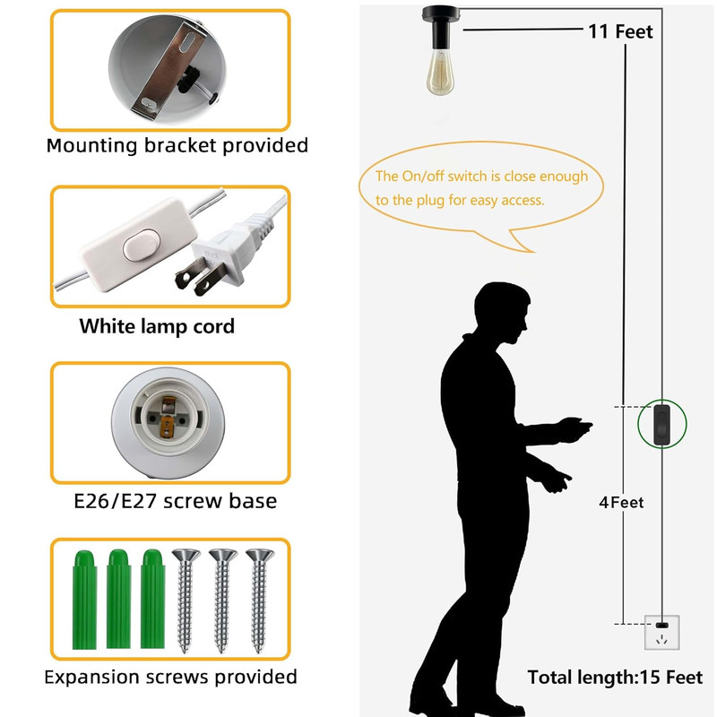 White Metal E26/E27 Screw Light Socket with 15FT Extension Cord, Hanging Light C gallery