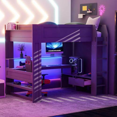 Gaming Loft Bed with Desk and Storage Shelves Twin Full Size Kids Loft Bunk Beds gallery