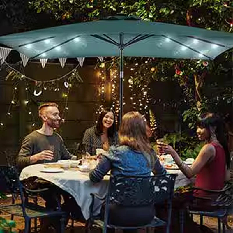 Sun-Ray 9x7 ft Rectangular Solar Lighted Market Patio Umbrella Hunter Green gallery