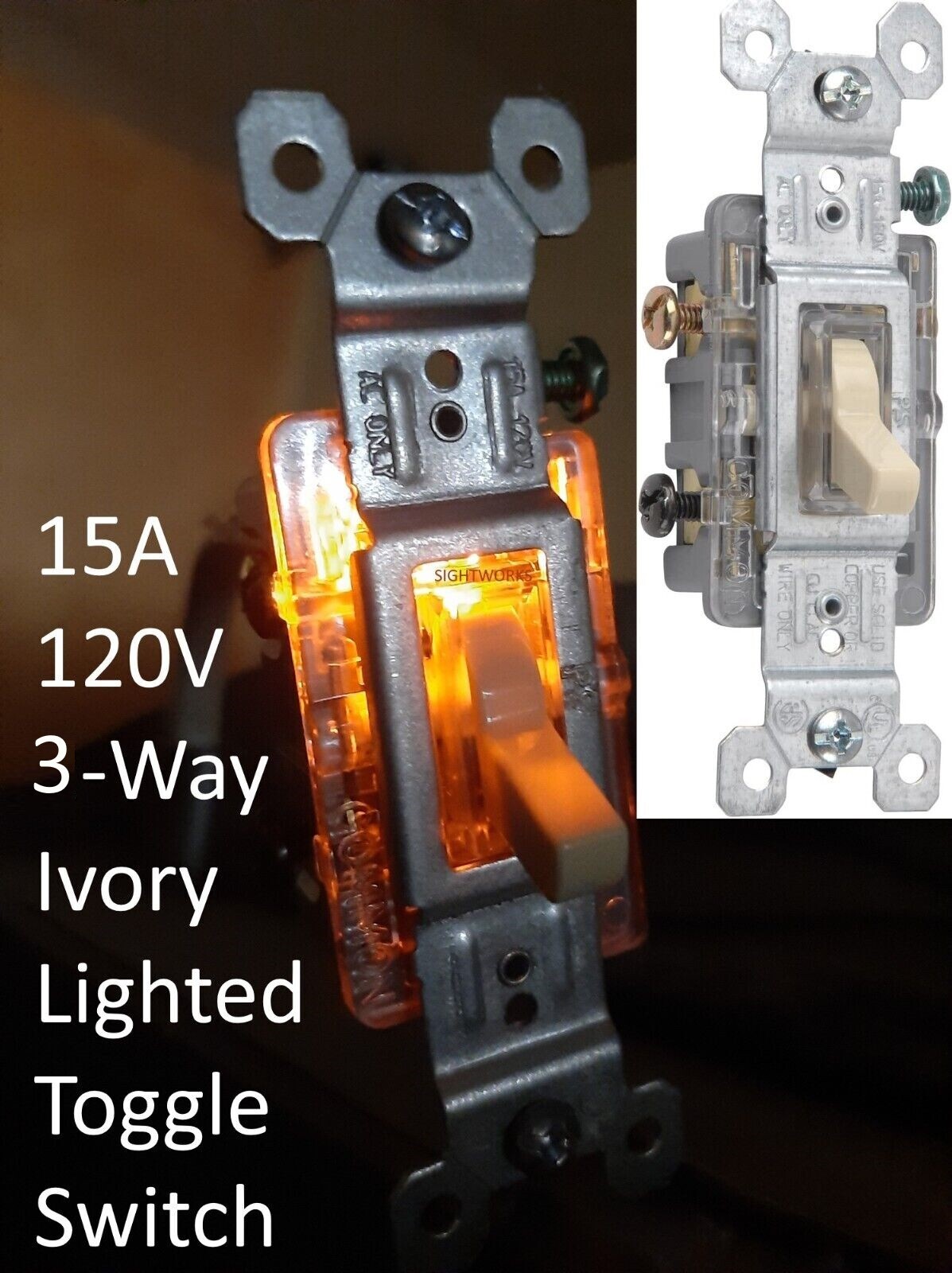 Legrand Pass & Seymour 3 Way Lighted Illuminated Toggle Light Switch 120V, Ivory gallery