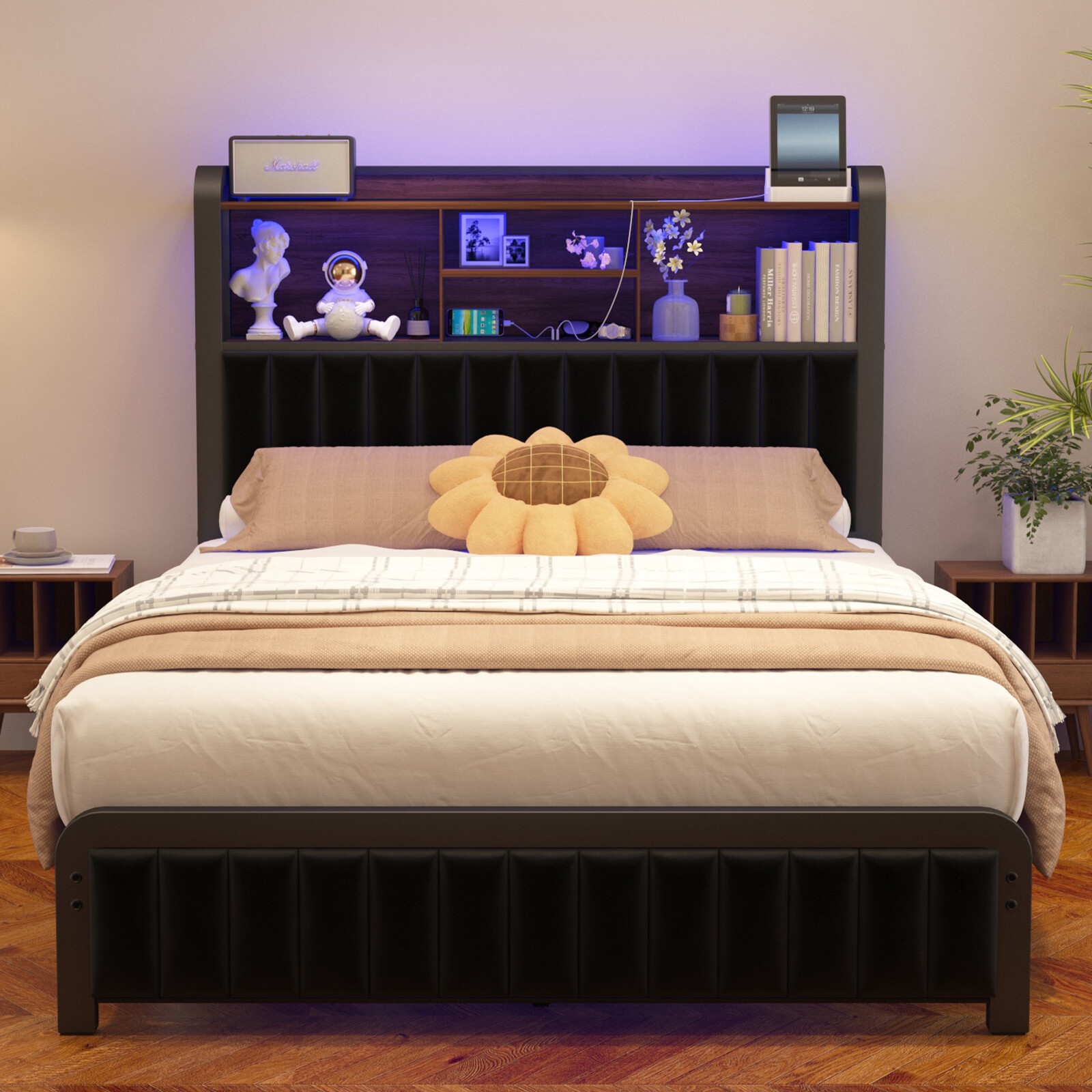 E-Motie Full/Queen LED Bed Frame with Storage Headboard and Charging Station gallery