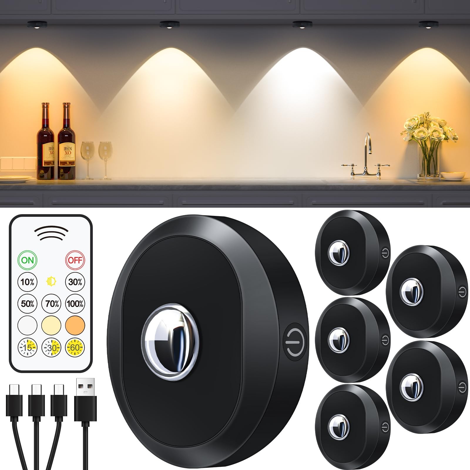 Puck Lights with Remote Control, Rechargeable Under Cabinet Lights, 1200mAh B... gallery