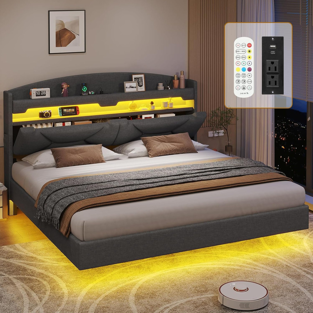 King Size Floating Bed Frame with Power Outlet, Storage Headboard with Hidden Cu