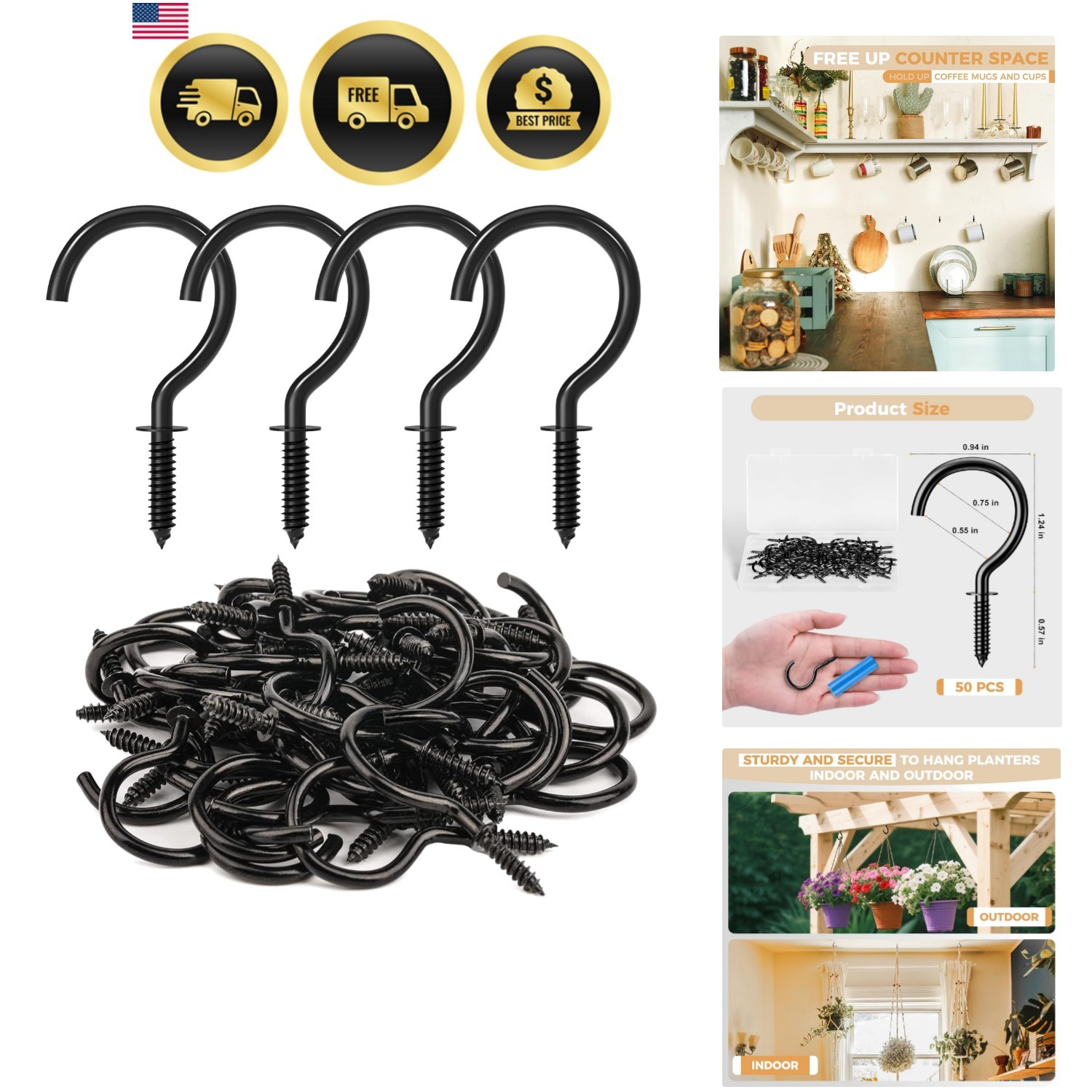 Screw Hooks, 1-1/4 Inch Metal Screw in Cup Hooks, Black, 50 Pcs gallery