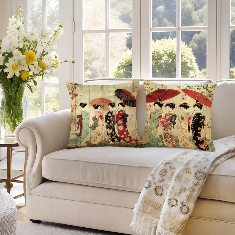 Beautiful 2 PC SET GEISHA Pillow Covers 18"x18" inch Luxury Home Decor Japan gallery