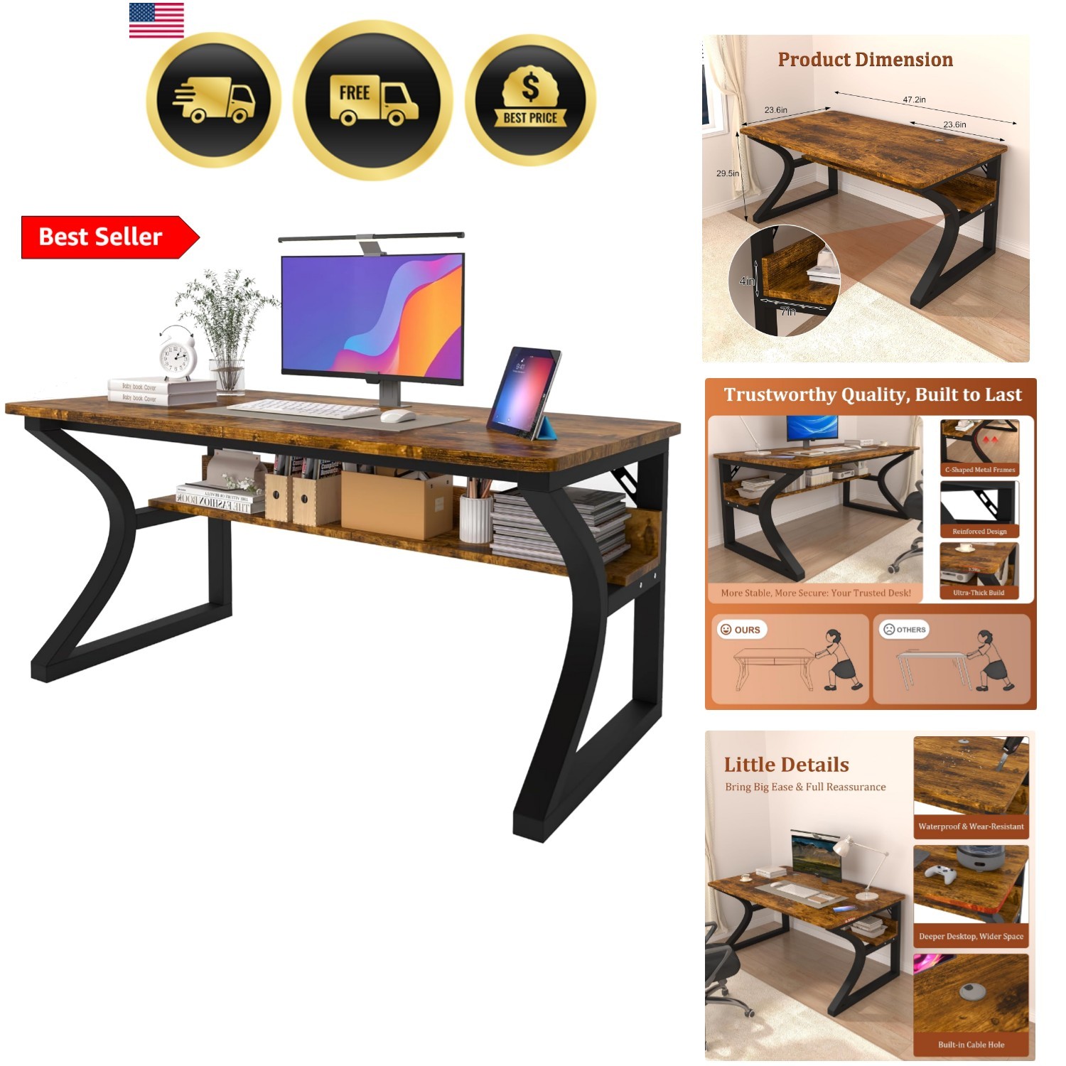 Computer Desk, 47x24 in Computer Desk, Office Desk w/Storage & U-Size Metal F... gallery