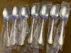 (7) DINNER/SOUP SPOONS Oneida Community GOLDEN BELLE ROSE Stainless Flatware