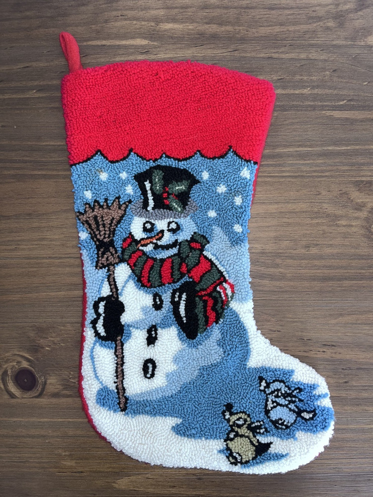 Vintage Christmas Stocking Punch Needle SNOWMAN Red Felt Back Needlepoint 20"