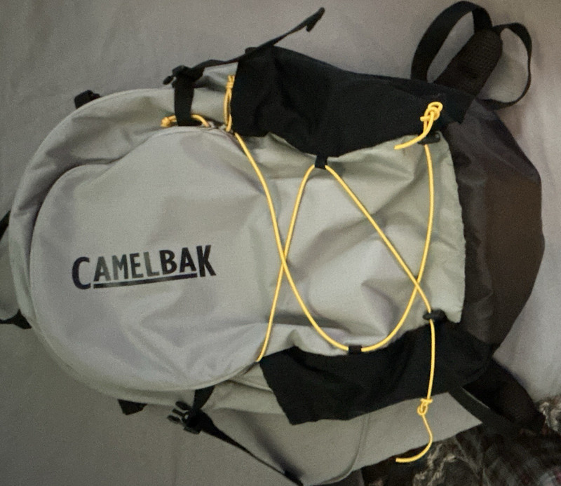 CamelBak Hiking Backpack Gray/Black w/ Yellow Bungee, Zip, Pockets