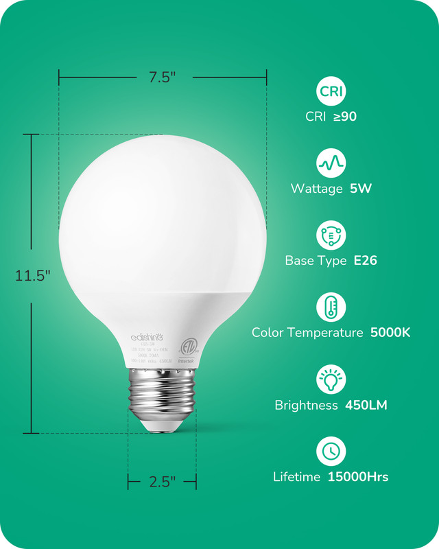 EDISHINE 8 Pack G25 LED Globe Light Bulbs CRI90+, Vanity Light Bulbs 5W 5000K gallery