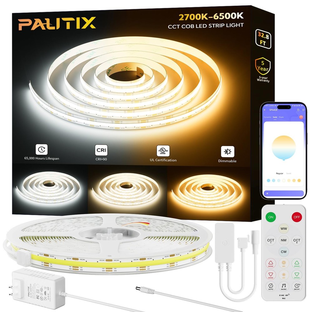 Cob Led Strip Light White Cct Tunable 32.8ft/10mullisted 6400leds Dimmable 2700k