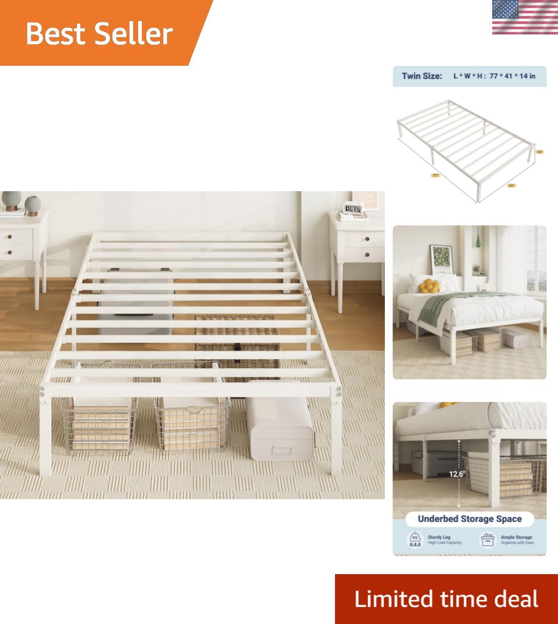 Modern Twin Bed Frame, 14'' Metal Platform with Squeak-Resistant Design in White gallery