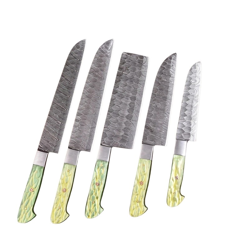 Hammered Damascus BBQ Chef Knife Set Green Epoxy Resin Handle with Leather Roll gallery