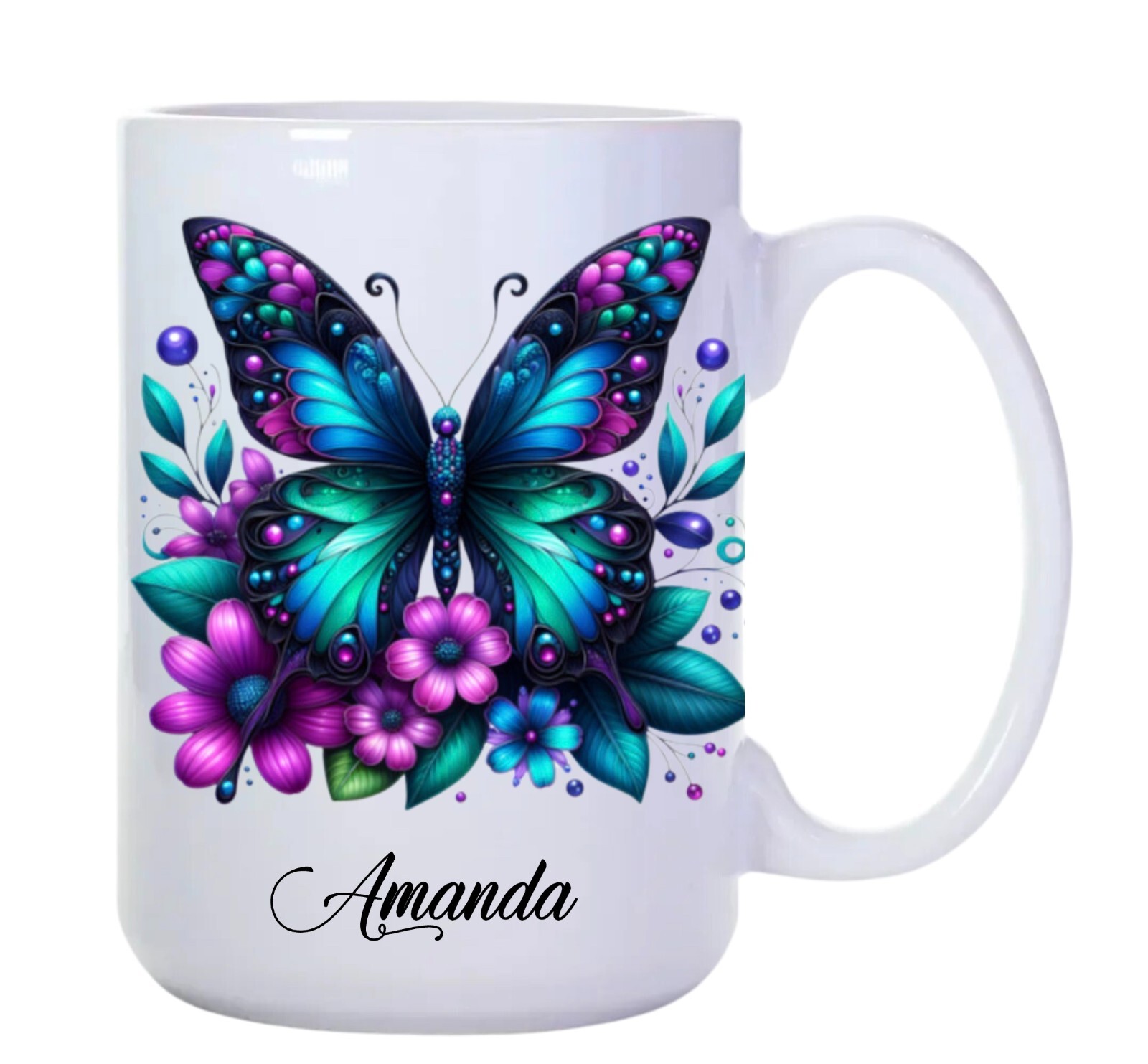 15oz CERAMIC COFFEE MUG - BEAUTIFUL FLORAL COLORED BUTTERFLY PERSONALIED. gallery