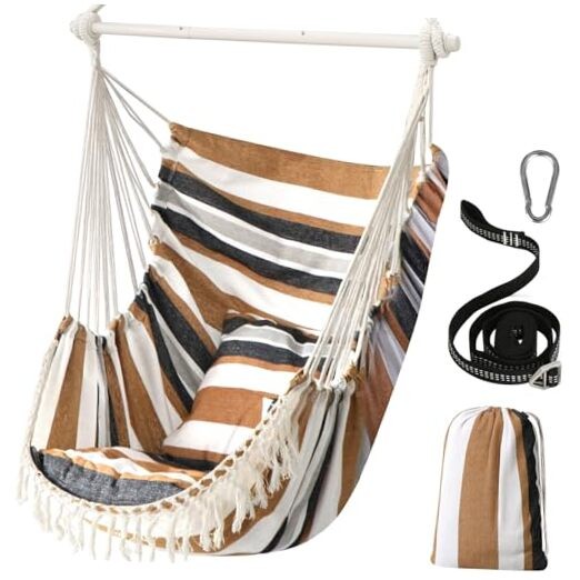 Hammock Chair Hanging Swing Max 500 Lbs 2 Cushions 130x100cm Brown Stripes gallery