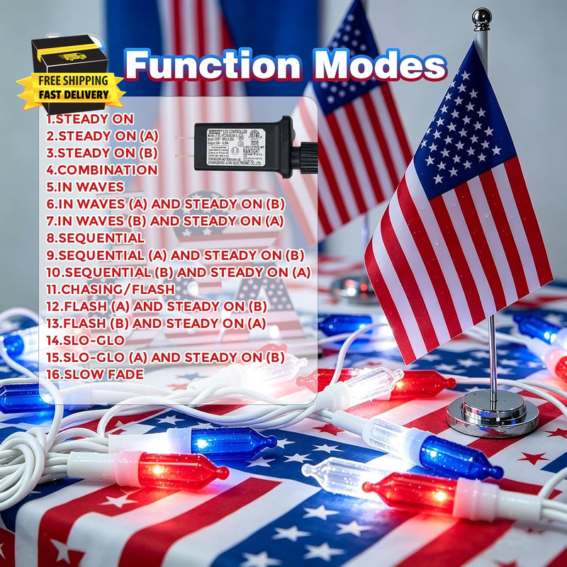 33FT 100 LED Mini Patriotic String Lights, White Wire 4 Inch Spacing Plug-In Wat gallery