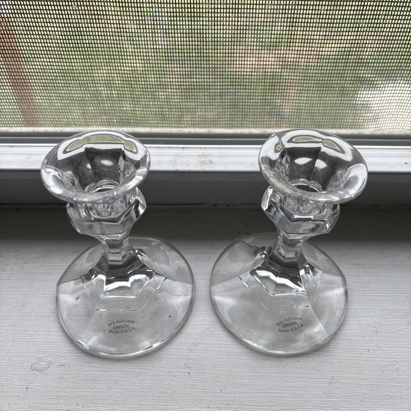 Pair Lead Crystal Candlesticks holder American Made 24% Lead Vintage Clear gallery