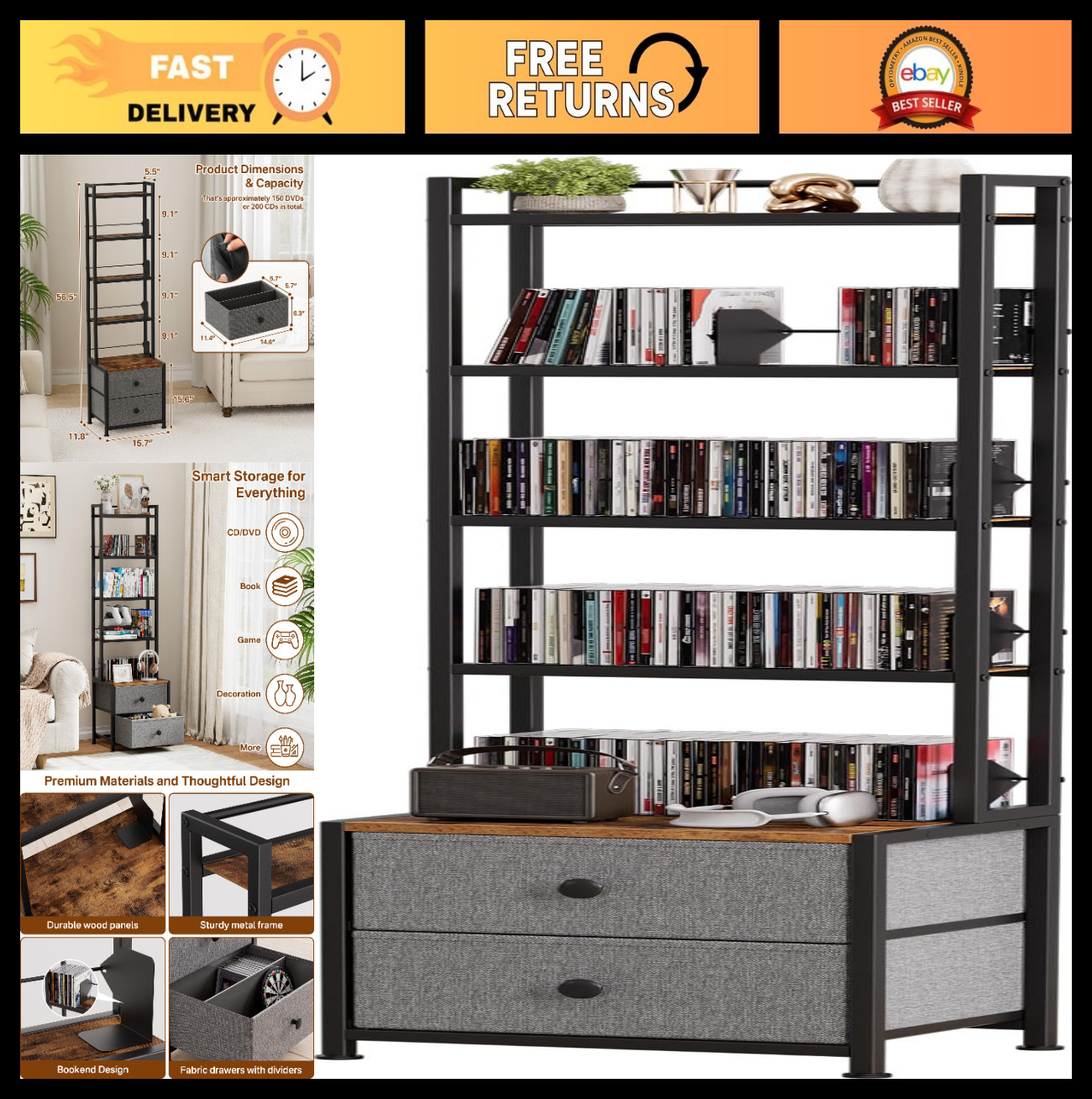 5-Tier CD/DVD Storage Rack with Drawer, Adjustable Media Organizer Shelf for Boo gallery