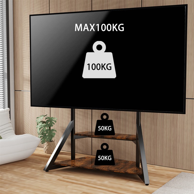 65-100" Universal TV Floor Mount Stand Corner Bracket 2 Wood Shelves Up To 100kg gallery